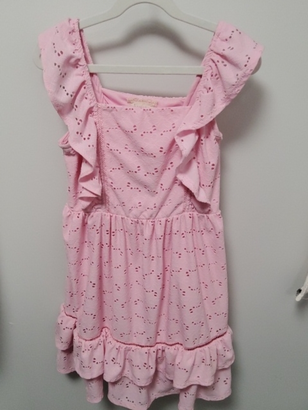 Girls Eyelette Pink Flutter Sleeve Dress